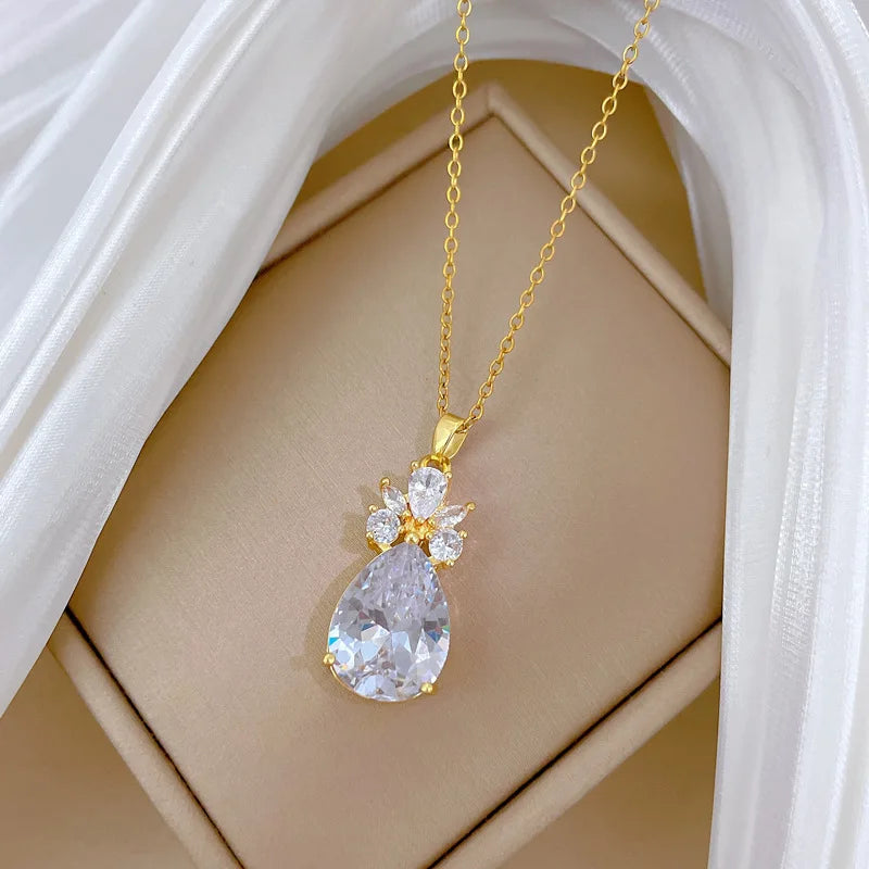 Waterdrop Pendant Necklace Women | Gold Zircon Clavicle Chain Pendant Necklace Nixie