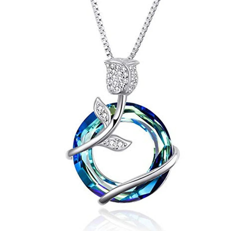 Crystal Rose Flower Pendant Necklace – Vintage Glass Style Pendant Necklace Nixie AB-Blue