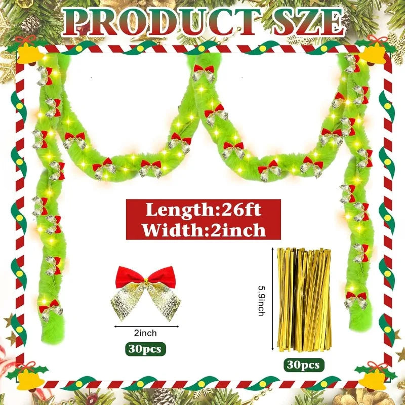 26Ft Lime Green LED Christmas Garland | Faux Fur & 36 Bows Christmas Garland Nixie