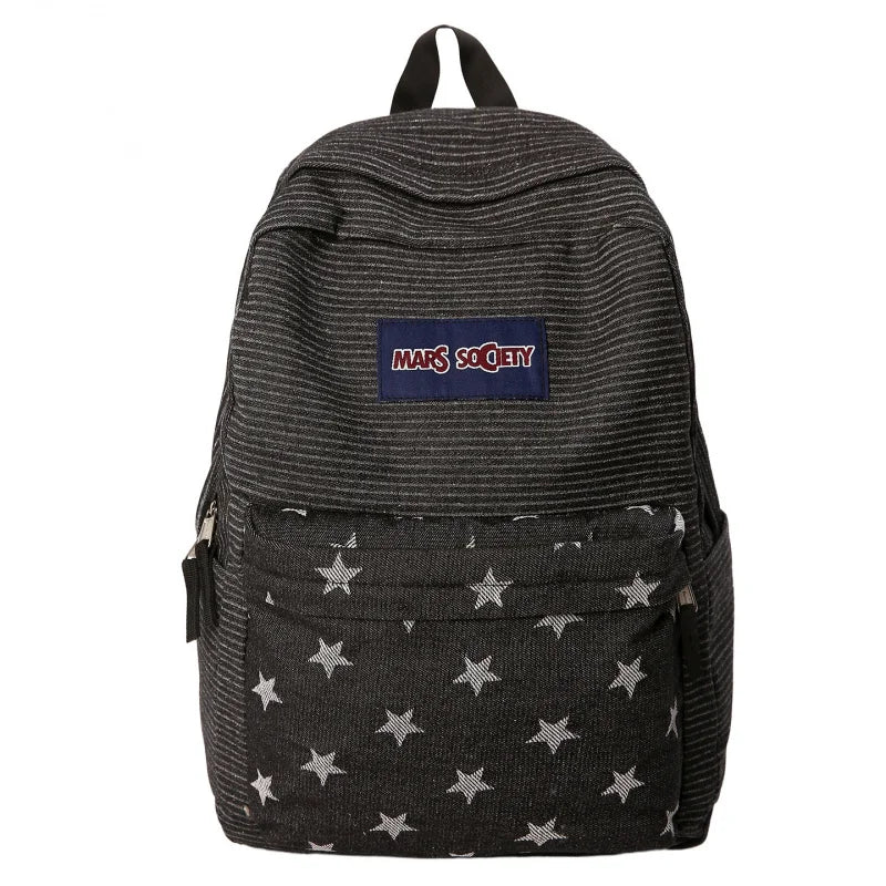 Korean Denim Backpack Color-Block Stripes & Stars – Women Denim Backpack Nixie