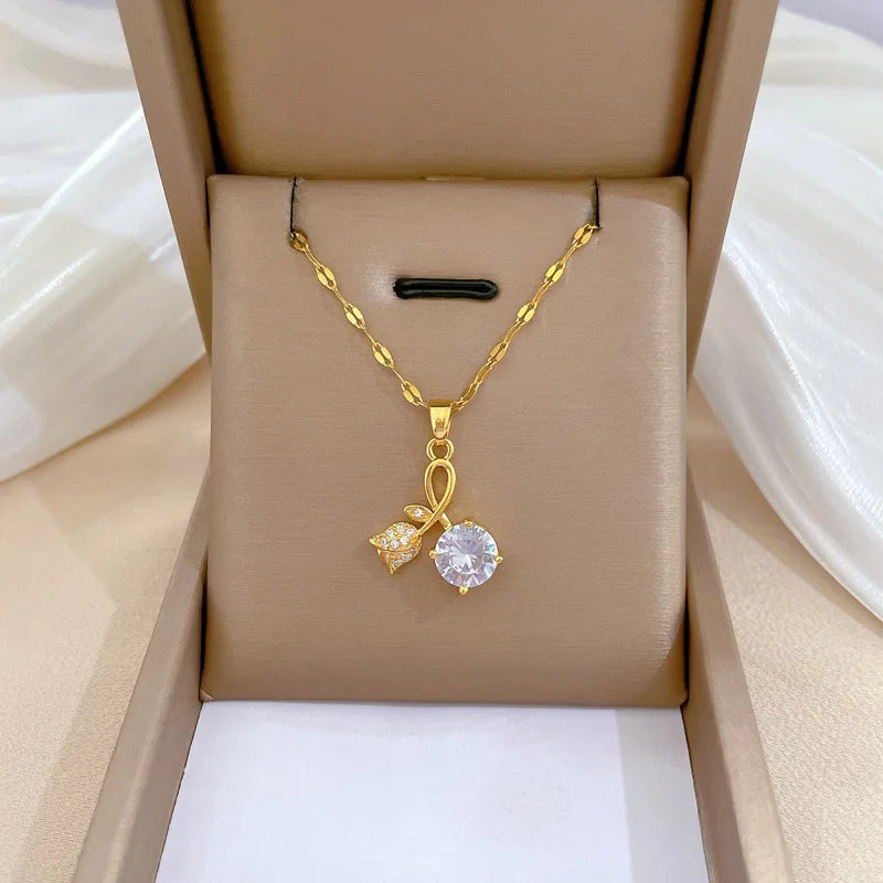 Rose Pendant Necklace Women | Gold Stainless Steel Clavicle Chain Pendant Necklace Nixie