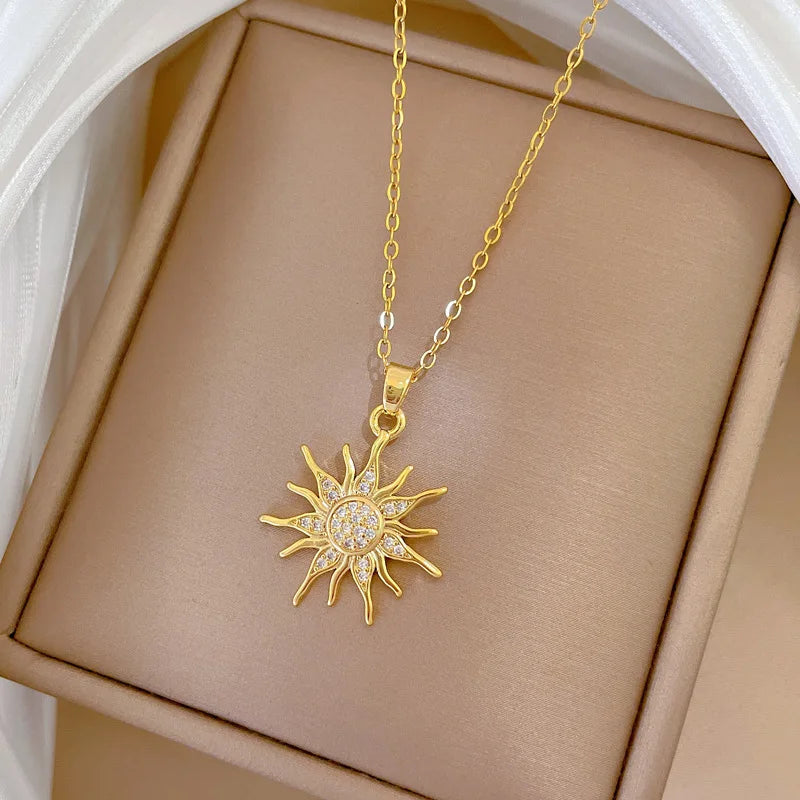 Sunflower Zircon Pendant Necklace – Gold Stainless Steel Choker Pendant Necklace Nixie