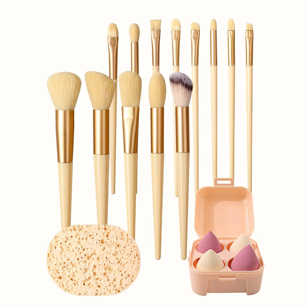 18-Pc Professional Makeup Brush & Sponge Set with Storage Box Makeup Tool Set Nixie YELLOW