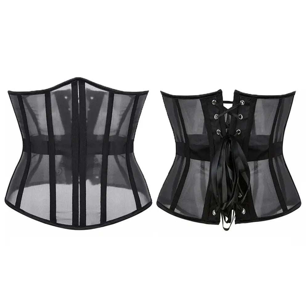 Women's Underbust Corset Lace-Up Black Mesh Waist Cincher