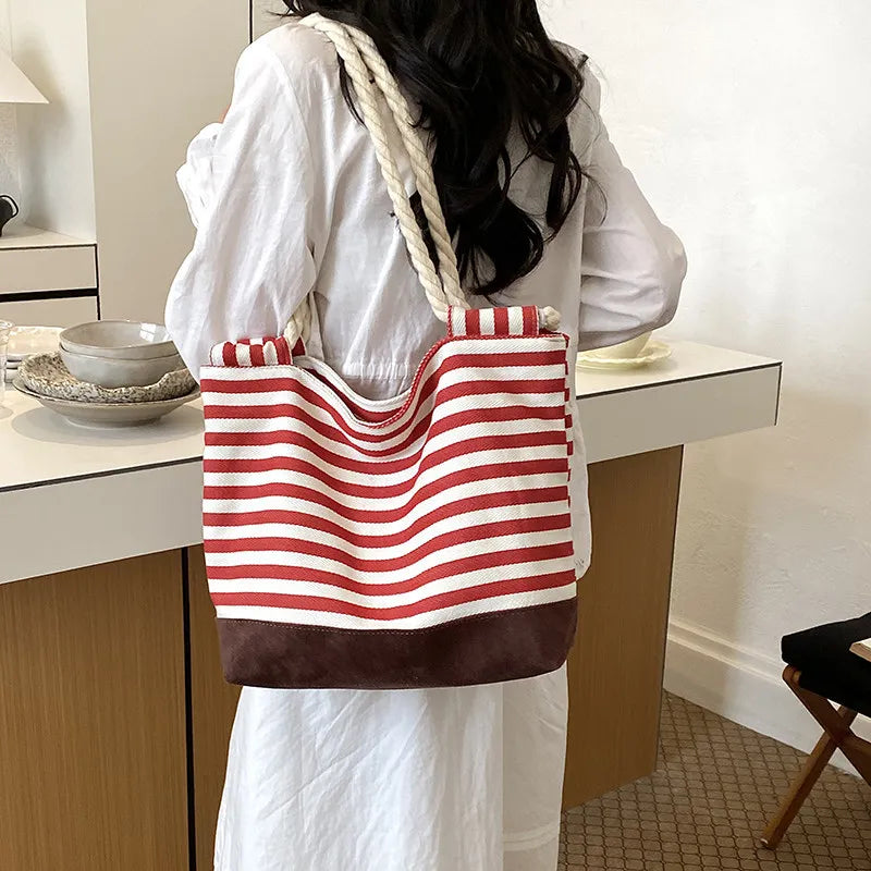 Large Striped Canvas Tote Bag – Preppy Shoulder Commuter Bag Canvas Tote Bag Nixie red