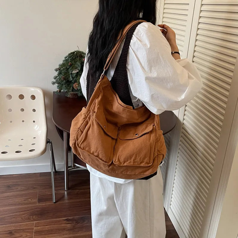 Japanese Vintage Canvas Tote Bag – Multi-Pocket Shoulder Bag Canvas Tote Bag Nixie Brown