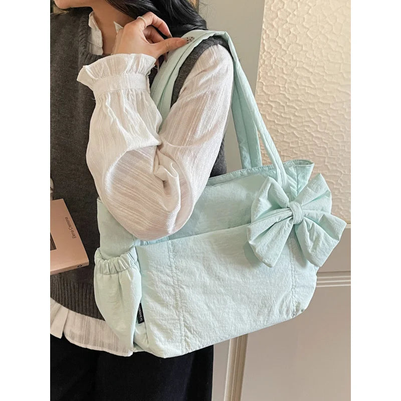 Nixie Quilted Bow Shoulder Bag – Women's Lightweight Tote Quilted Shoulder Bag Nixie