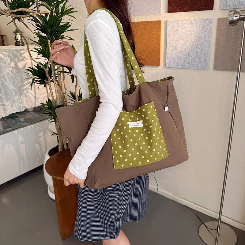 Korean Polka Dot Canvas Shoulder Bag – Large Capacity Tote Canvas Shoulder Bag Nixie