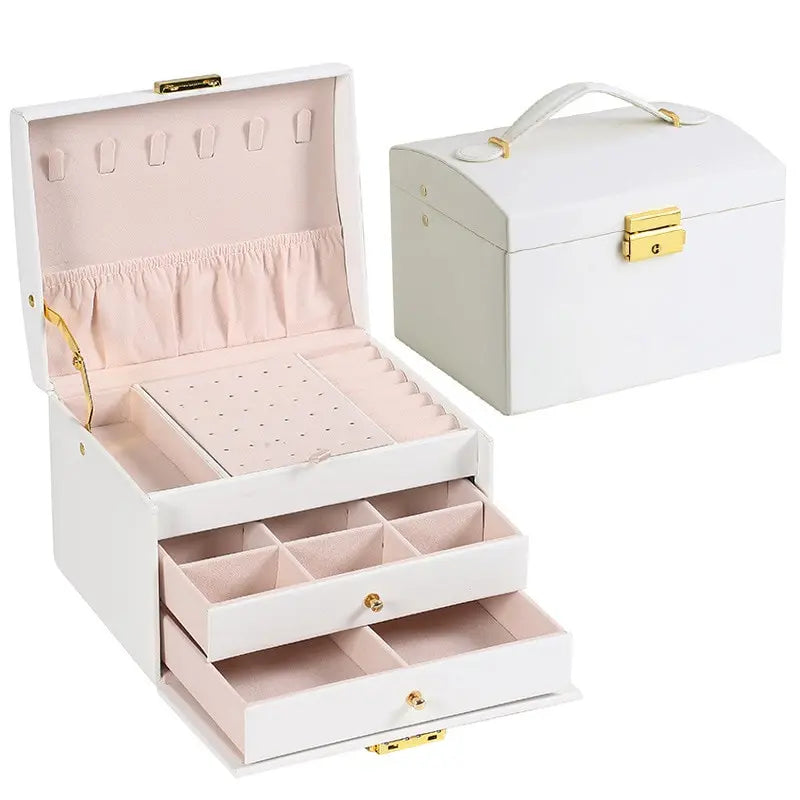 3-Layer Leather Drawer Jewelry Box with Lock | Earring Storage