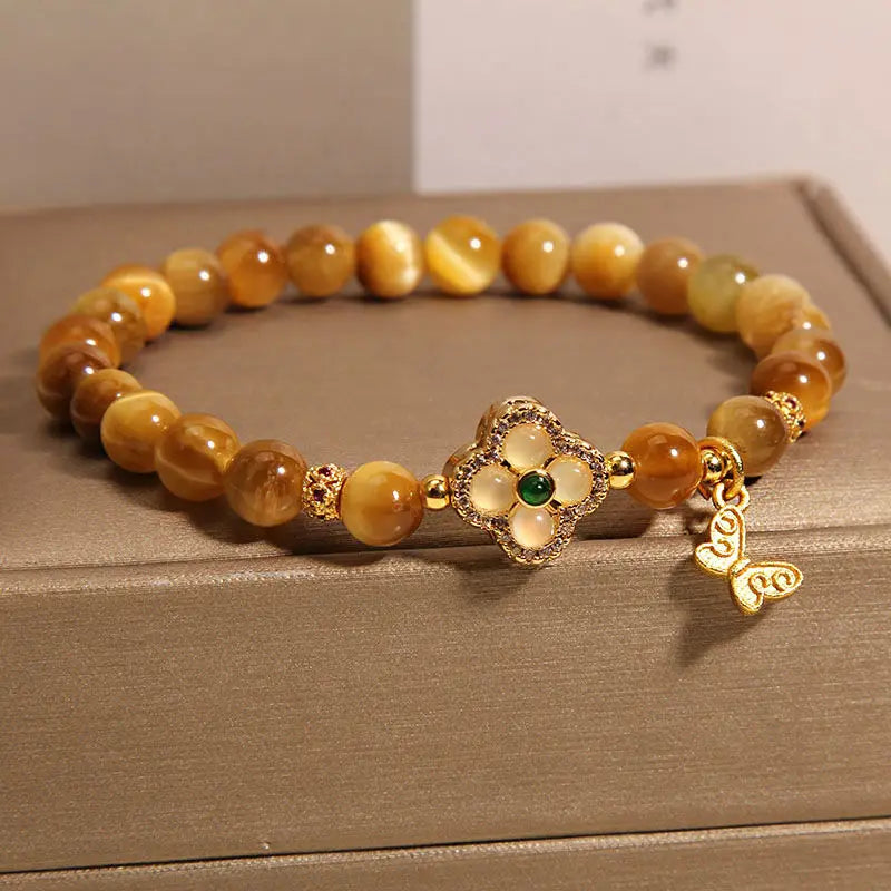 Golden Tiger Eye Four-Leaf Clover Bracelet | Women's Gift Gemstone Strand Bracelet Nixie
