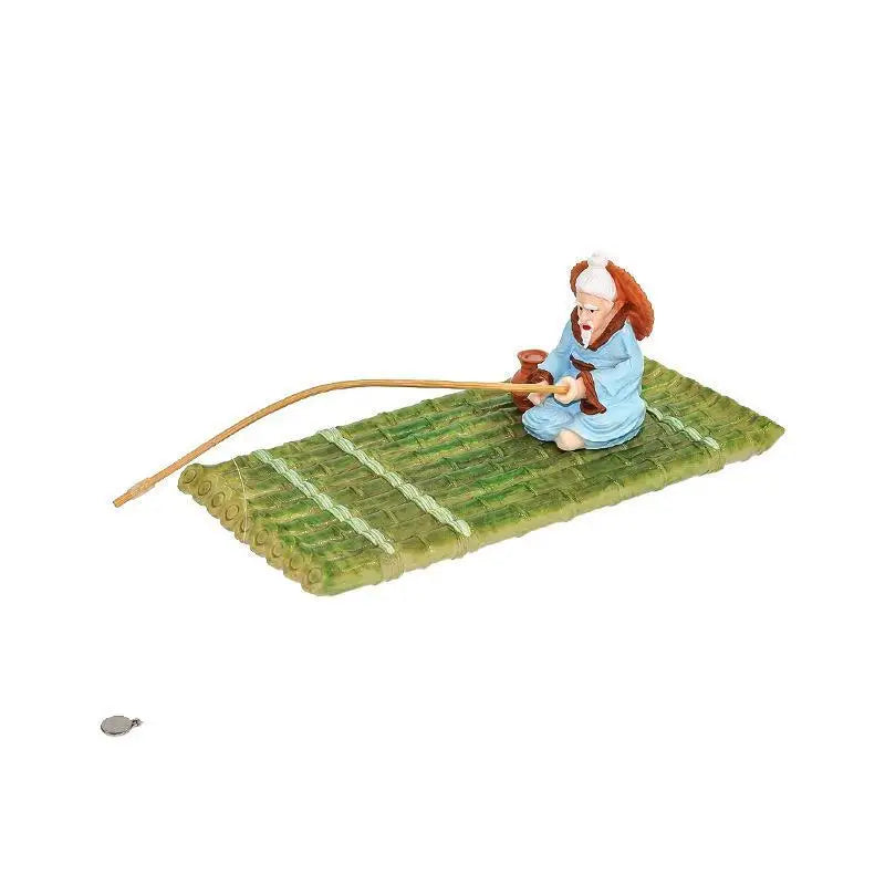 Floating Bamboo Raft Fisherman Ornament | Pond & Aquarium Decor Pond Garden Ornament Nixie