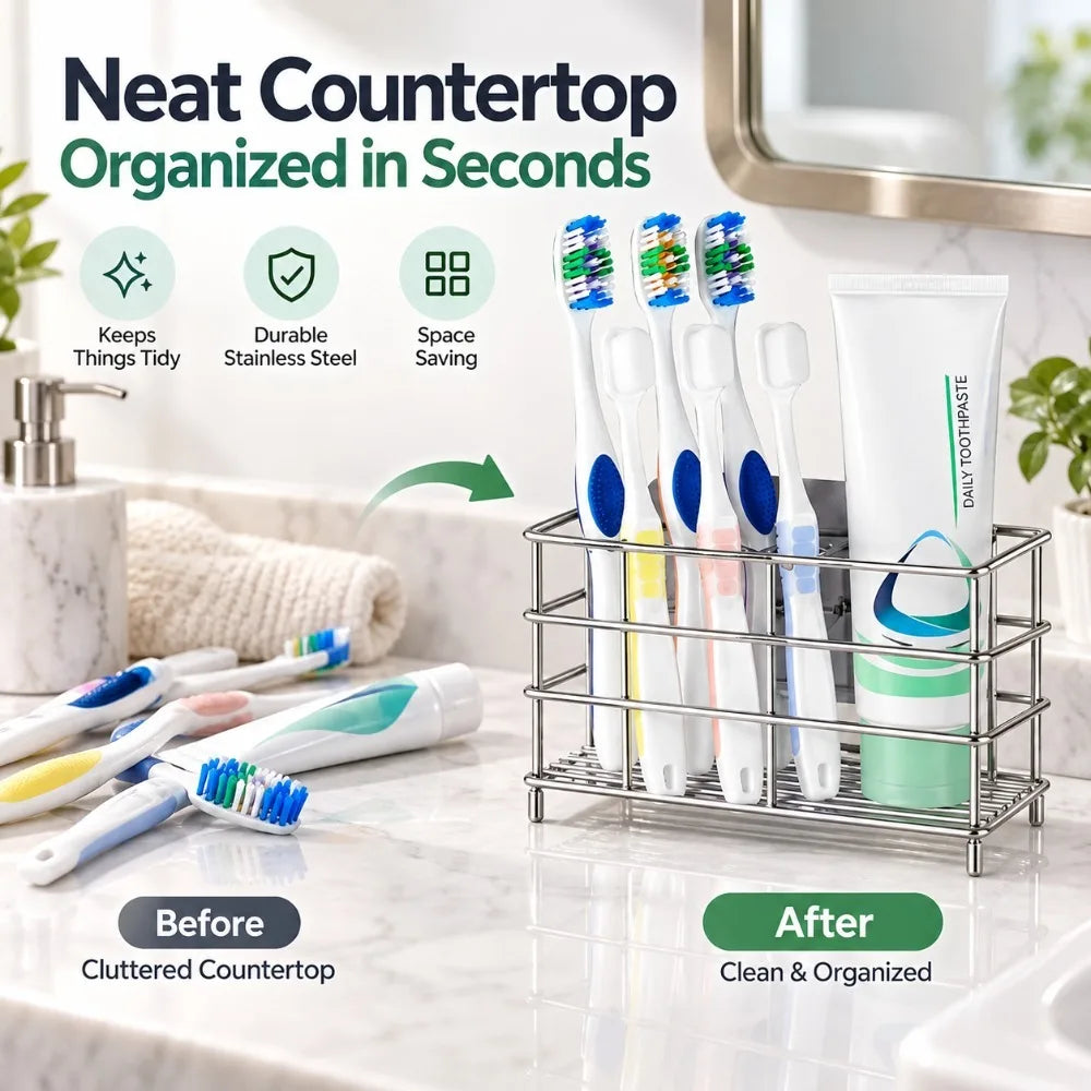 Stainless Steel Toothbrush Holder Countertop Bathroom Organizer