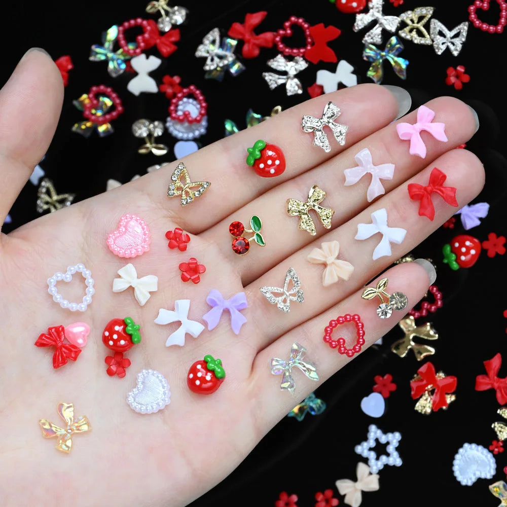 3D Resin Bow Nail Charms 12-Grid Set with Rhinestones & Tweezer Nail Art Charms Nixie