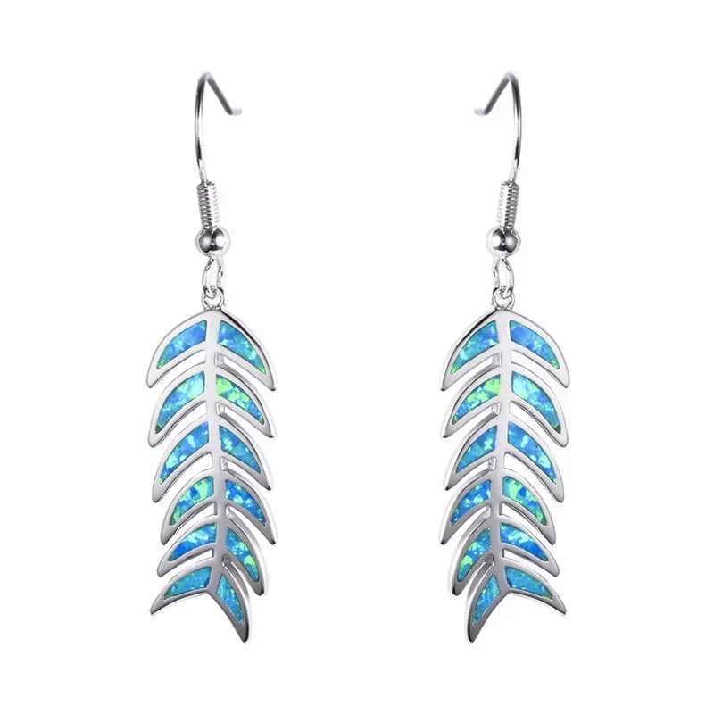 Vintage Simulated Opal Feather Dangle Drop Earrings | Retro Dangle Drop Earrings Nixie