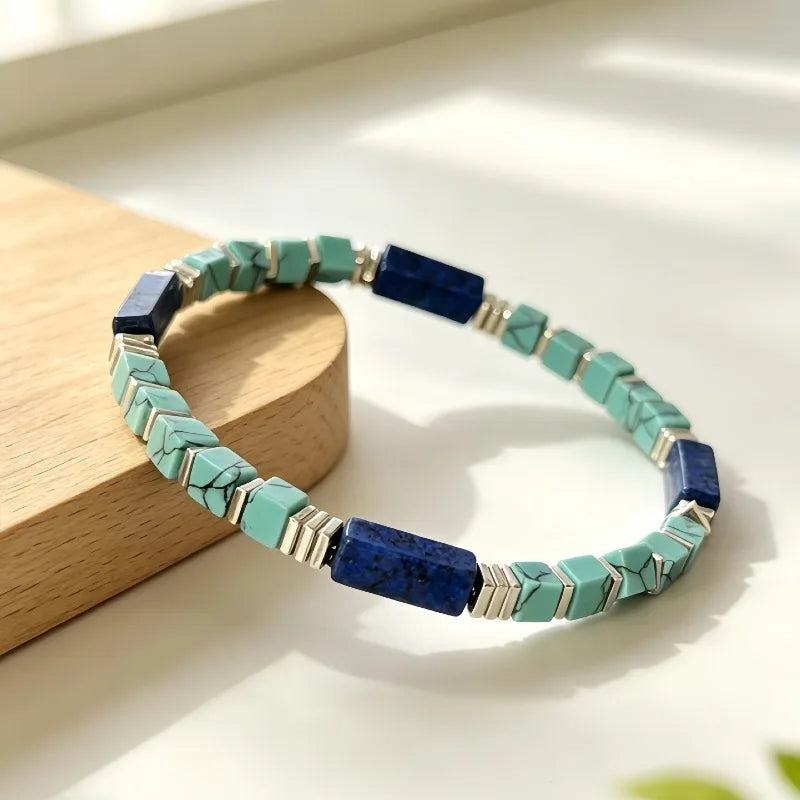 Natural Turquoise & Lapis Lazuli Square Tube Bracelet Stone Beaded Bracelet Nixie