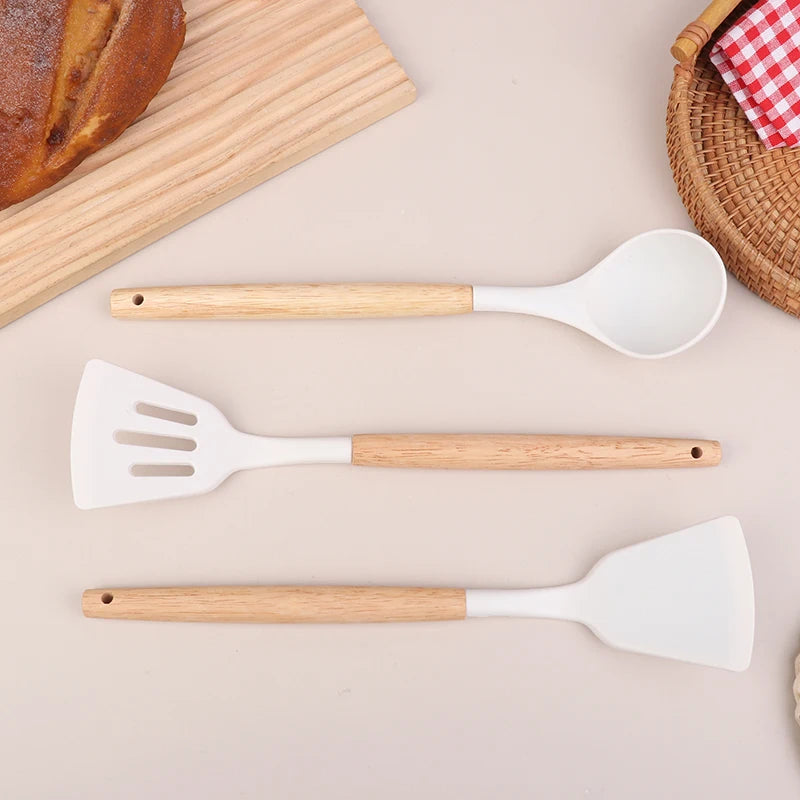 Wooden Handle Silicone Spatula Set – Frying Spatula & Ladle Kitchen Utensil Set Nixie