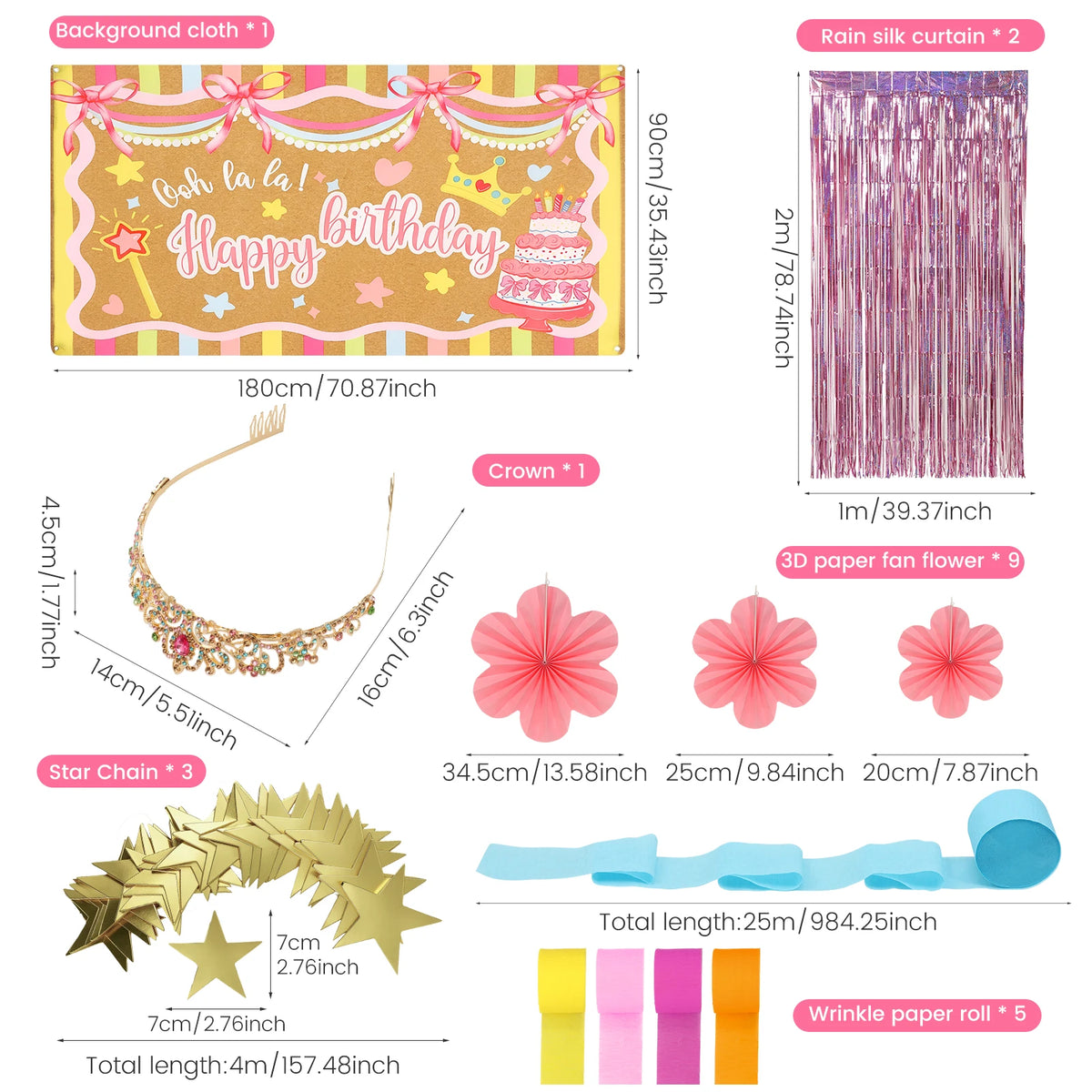 Birthday Party Decoration Kit – Backdrop, Fringe & Crown Party Decoration Kit Nixie