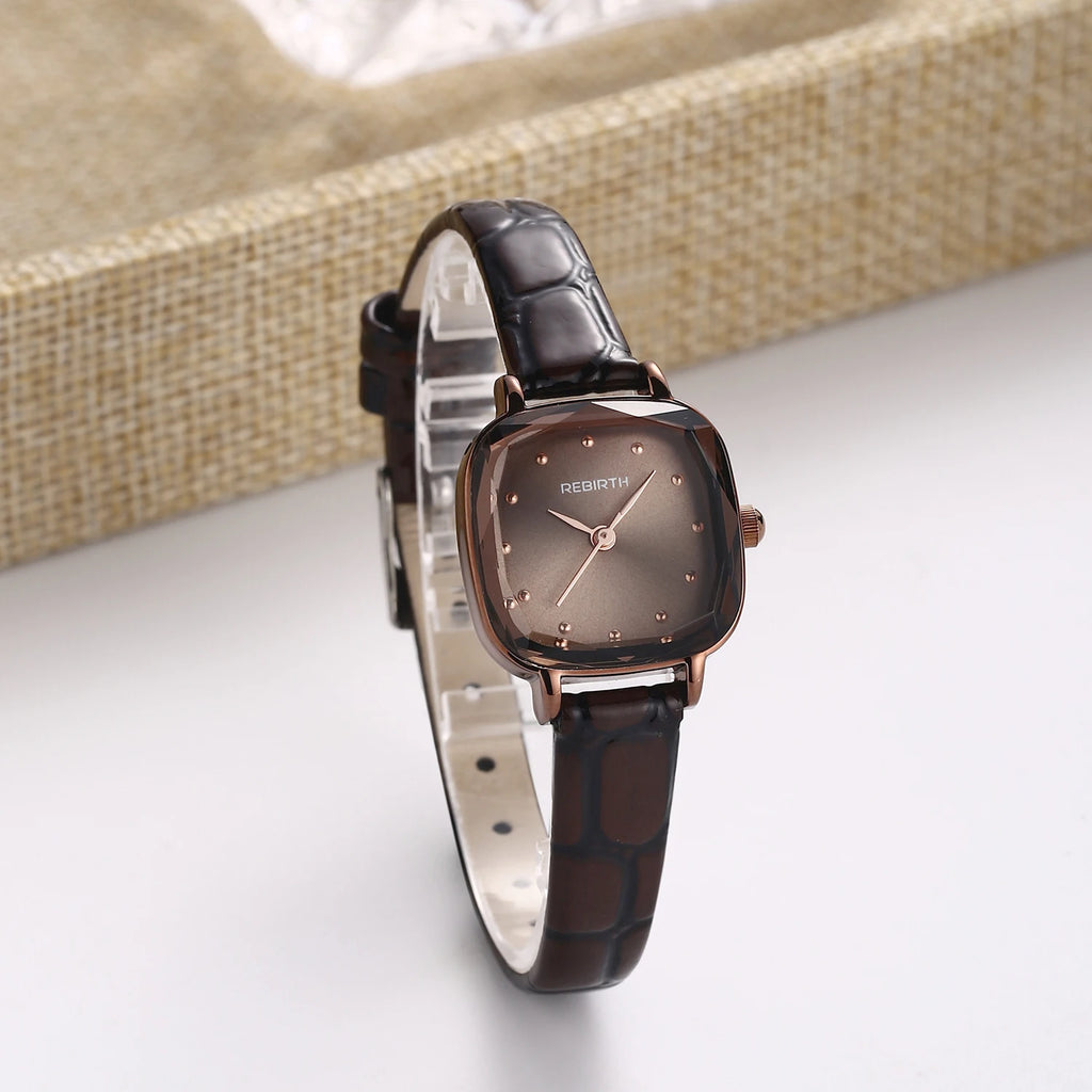 REBIRTH Ladies Leather Quartz Watch – Square Dial, Casual Style Ladies Quartz Watch Nixie