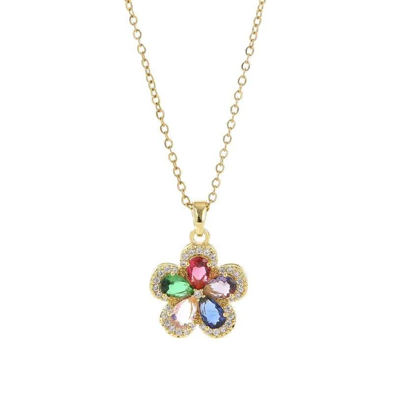 Rainbow Flower Pendant Necklace | Gold Stainless Steel Choker Pendant Necklace Nixie