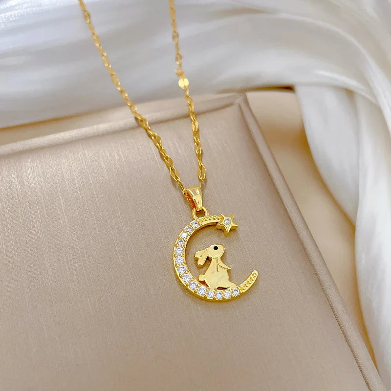 Moon Rabbit Pendant Choker Necklace | Gold Stainless Steel Pendant Choker Necklace Nixie