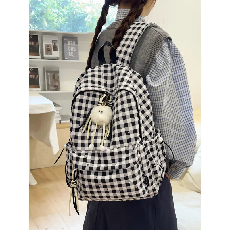 Korean Plaid Backpack – Cute Star Design, Lightweight School Bag Fashion Backpack Nixie