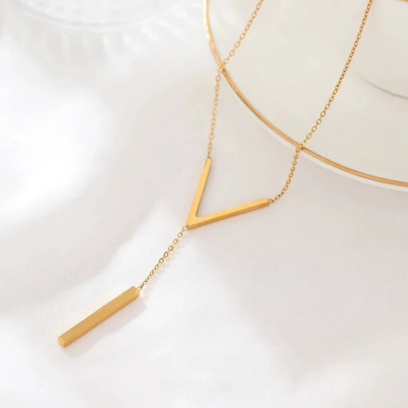 Gold Stainless Steel V-Shape Tassel Bar Collarbone Necklace Fashion Necklace Nixie