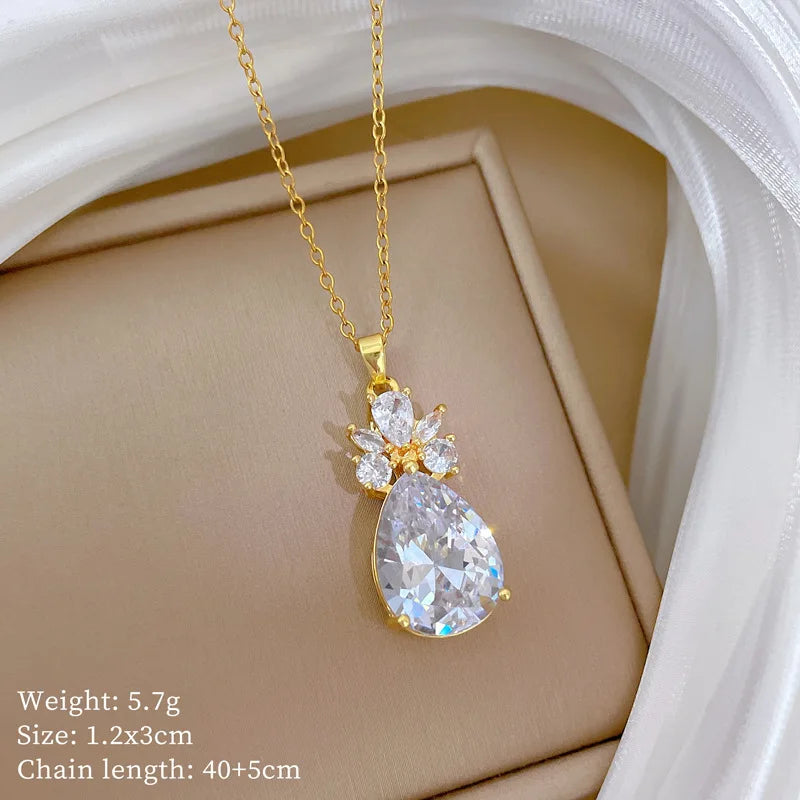 Waterdrop Pendant Necklace Women | Gold Zircon Clavicle Chain Pendant Necklace Nixie XL2606-379