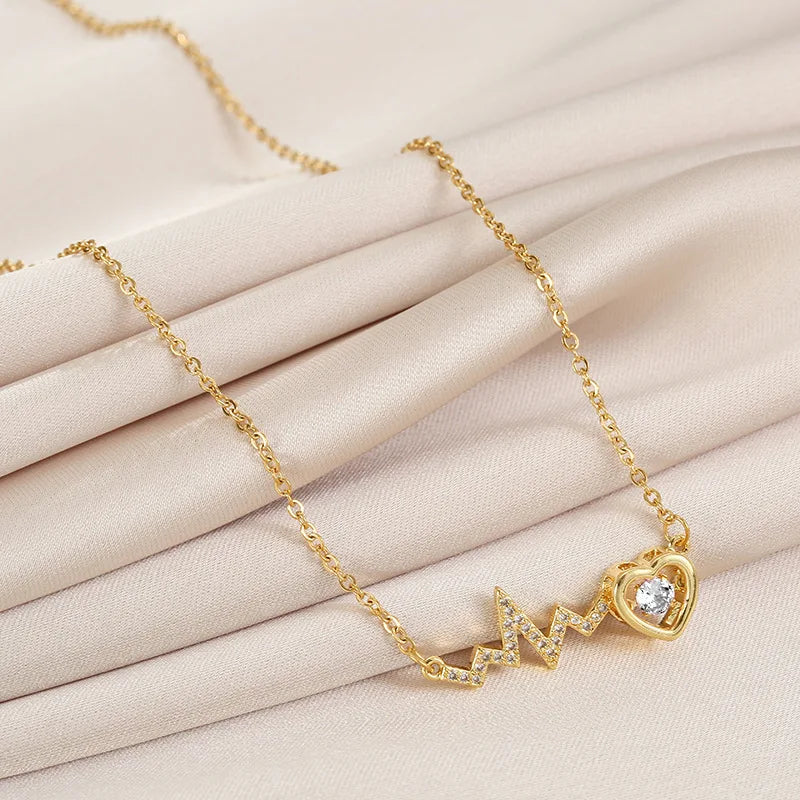 Heart ECG Copper Pendant Necklace | Stainless Steel Clavicle Chain Pendant Necklace Nixie