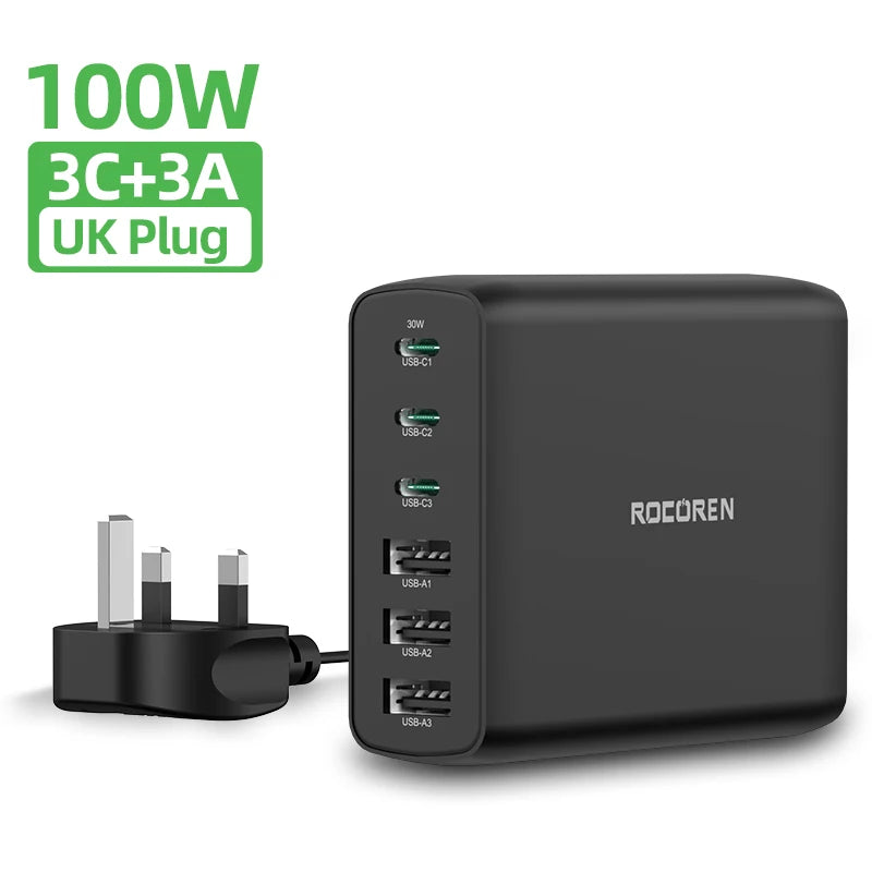 Rocoren 100W GaN Desktop Charger 6-Port USB-C PD Fast Charge Desktop Charging Station Nixie UK GaN Charger