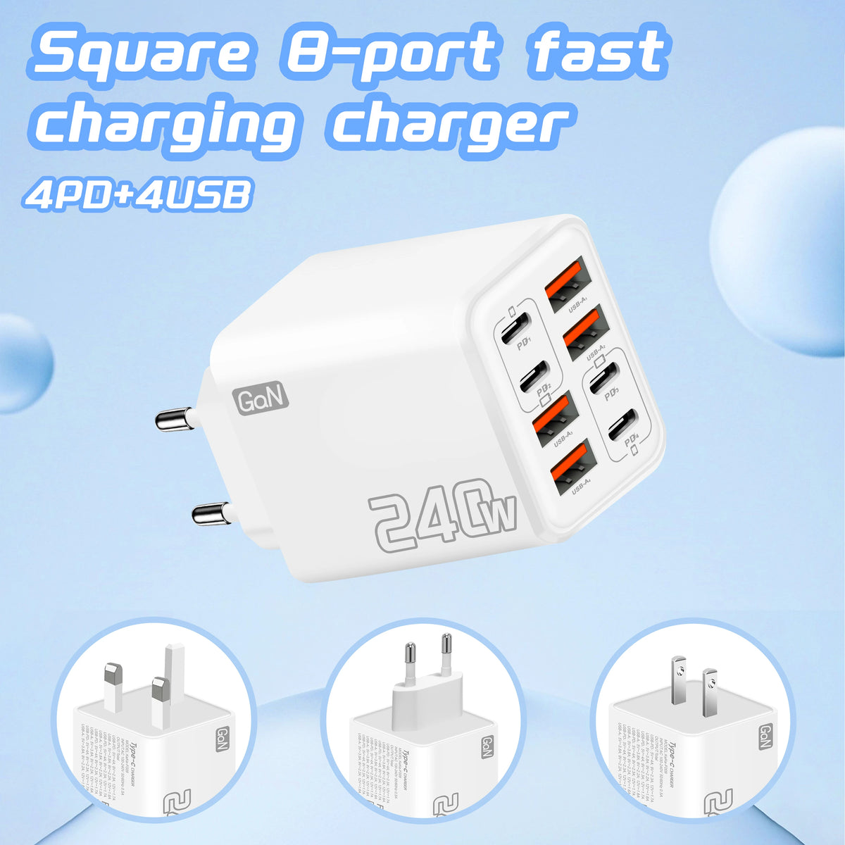 240W GaN 8-in-1 USB-C Fast Charger – EU/US/UK Plug Adapter USB-C GaN Charger Nixie