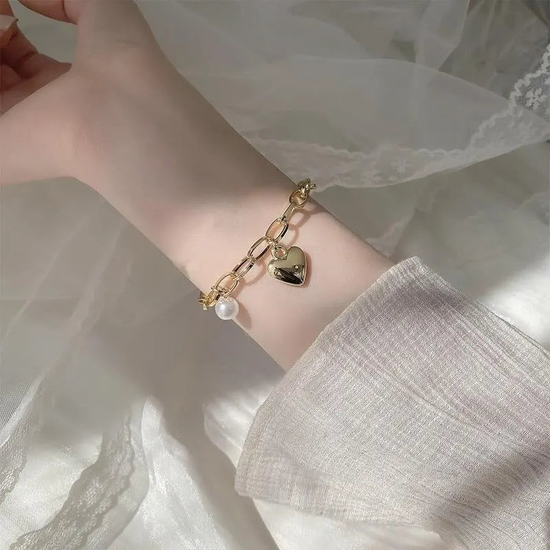 Gold Cross Chain Bracelet with Pearl Pendant – Unisex