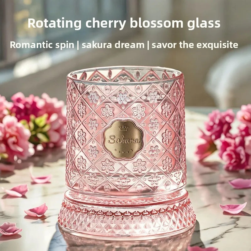 Pink Cherry Blossom Rotating Glass – Beer, Whiskey & Juice Decorative Drinking Glass Nixie