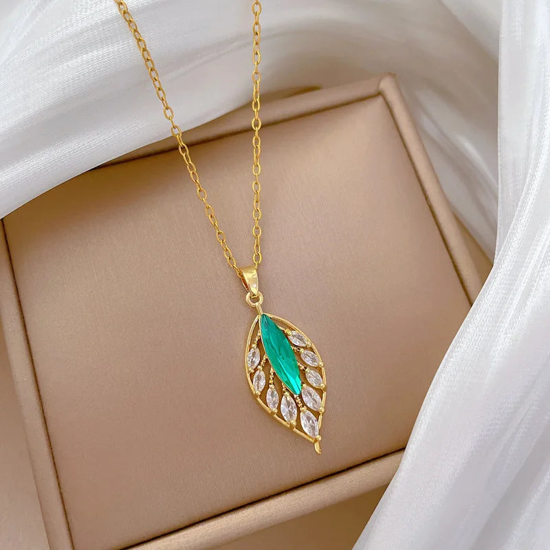 Blue Leaf Pendant Necklace – Gold Stainless Steel Clavicle Chain Pendant Necklace Nixie