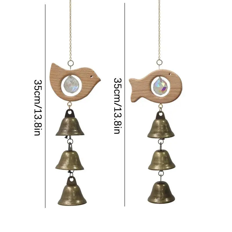 Wooden Fish & Bird Wind Chime – Crystal & Brass Bell Décor Decorative Wind Chime Nixie