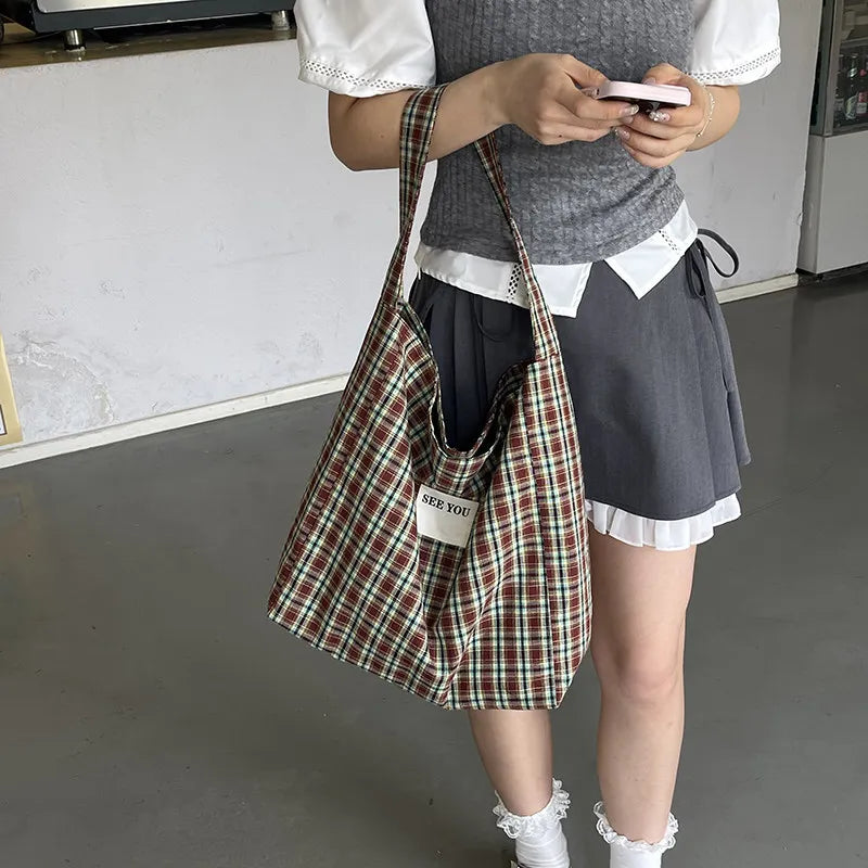 Women's Plaid Canvas Shoulder Bag | Large Capacity Korean Style Canvas Shoulder Bag Nixie