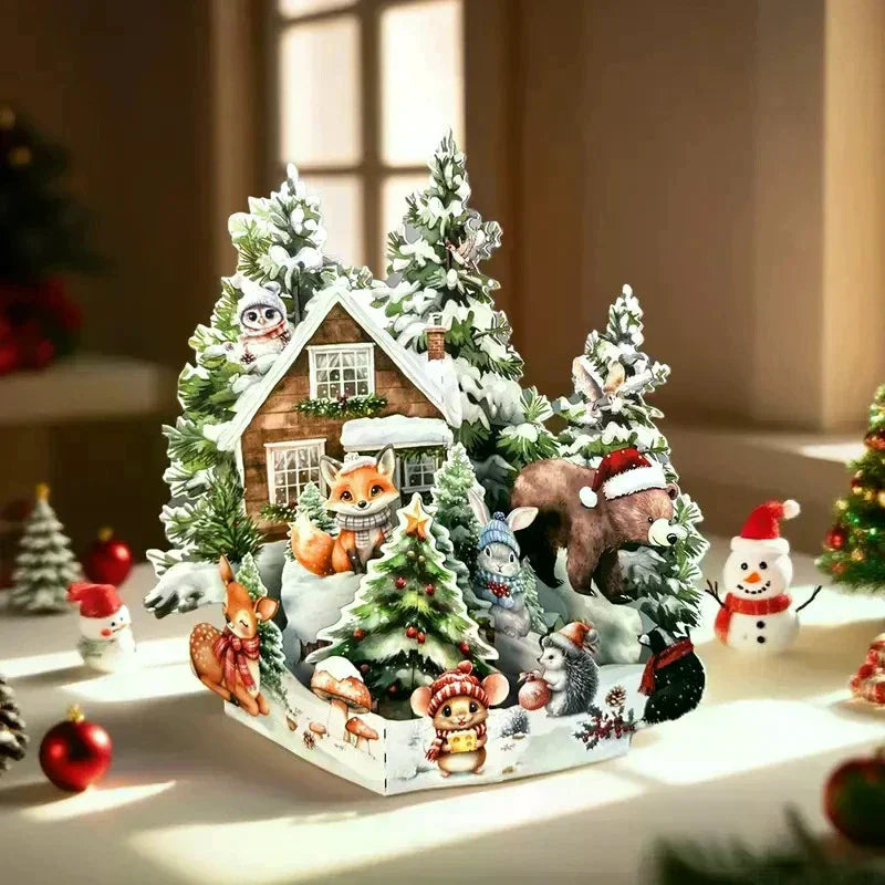 3D Pop-Up Christmas Card – Santa, Reindeer & Snowy Village 3D Greeting Card Nixie