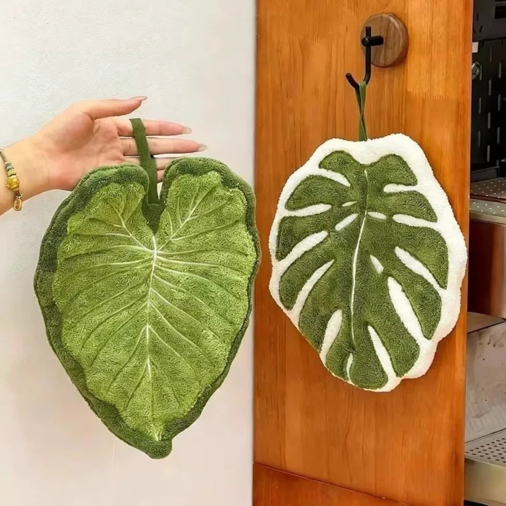 Cartoon Leaf Coral Velvet Hand Towel – Hanging Kitchen Cloth Kitchen Hand Towel Nixie