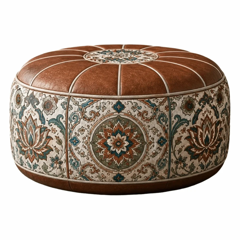 Boho Round Ottoman Pouf Cover – Fillable PU Leather Footstool Ottoman Pouf Cover Nixie B
