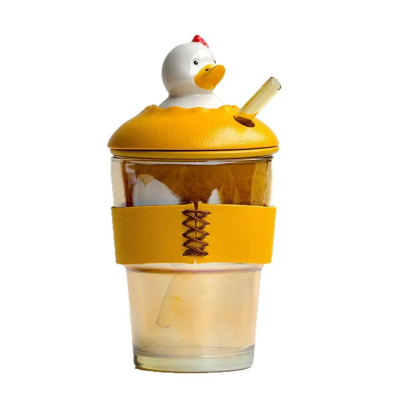 Happy Duck Glass Straw Cup 350ml – Tea Infuser with Lid Glass Straw Cup Nixie 9x17.5cm