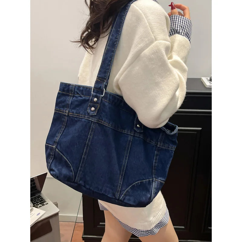 Retro Washed Denim Large-Capacity Shoulder Tote Bag | Women Denim Shoulder Tote Nixie