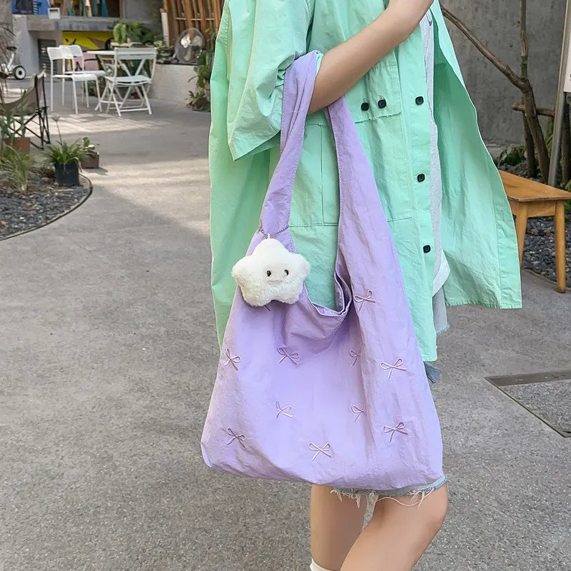 Korean Bow Embroidered Large Canvas Tote Bag for Women | Nixie Canvas Tote Bag Nixie
