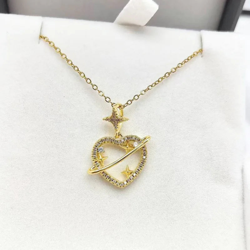 Heart Rhinestone Copper Pendant Necklace | Women's Clavicle Chain Pendant Necklace Nixie XL1997-017