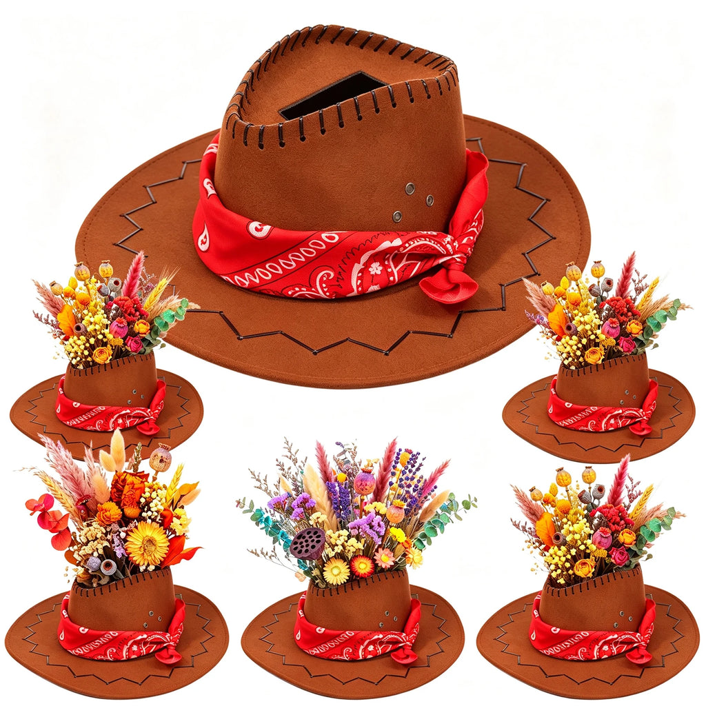 6-Piece Western Cowboy Hat Vase & Bandana Party Decor Set Party Table Centerpiece Nixie