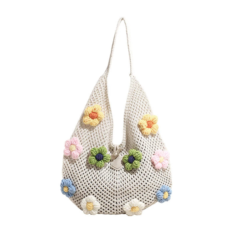 Floral Knit Tote Bag – Large Capacity Beach Shoulder Bag Knit Tote Bag Nixie