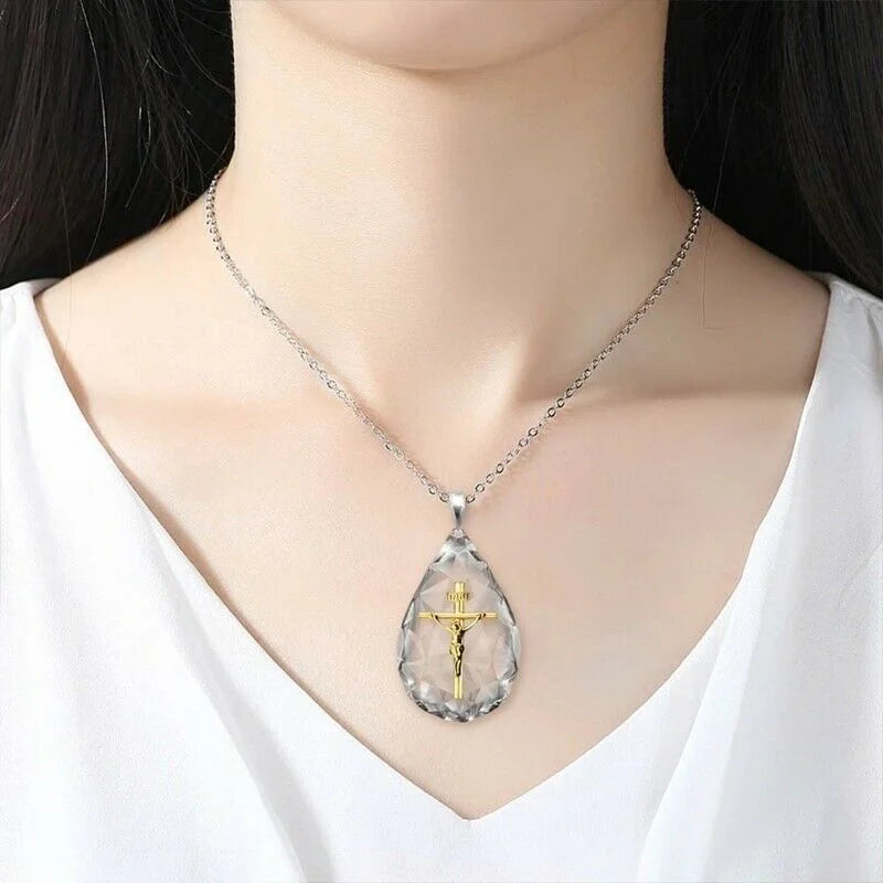 Silver Crystal Water Drop Jesus Cross Pendant Necklace Cross Pendant Necklace Nixie