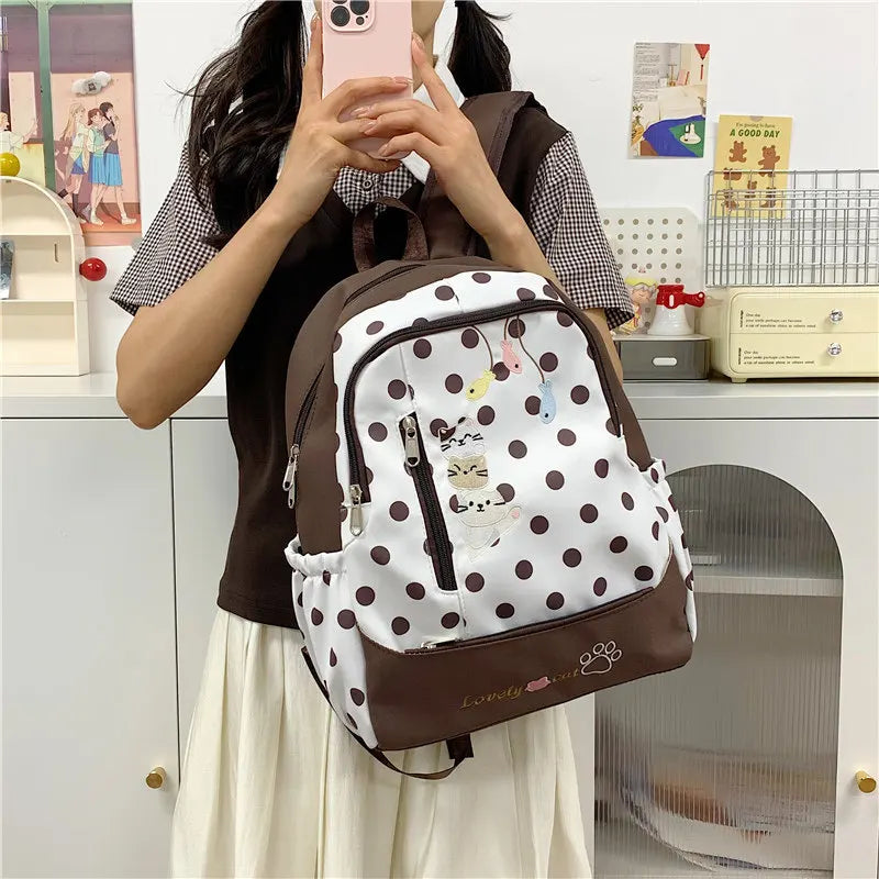 Cartoon Kitten Backpack – Korean Polka-Dot Lightweight Canvas Canvas Backpack Nixie