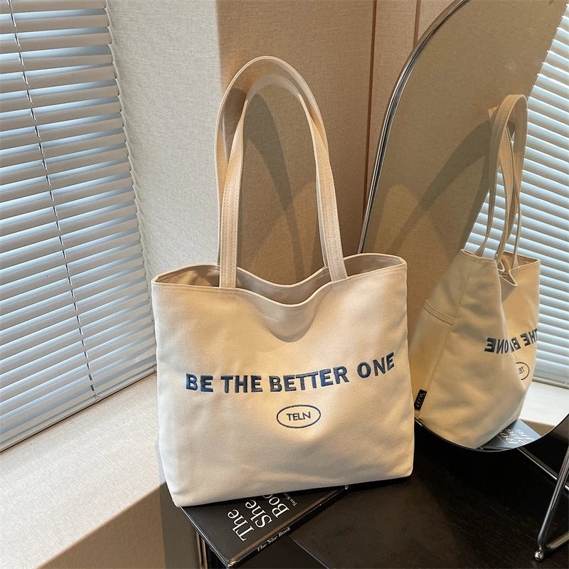 Embroidered Letter Canvas Tote Bag – Large Women's Shoulder Bag Canvas Tote Bag Nixie