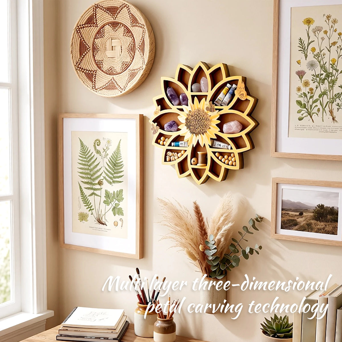 Sunflower Crystal Wall Shelf – Boho Farmhouse Wood Wall Decor