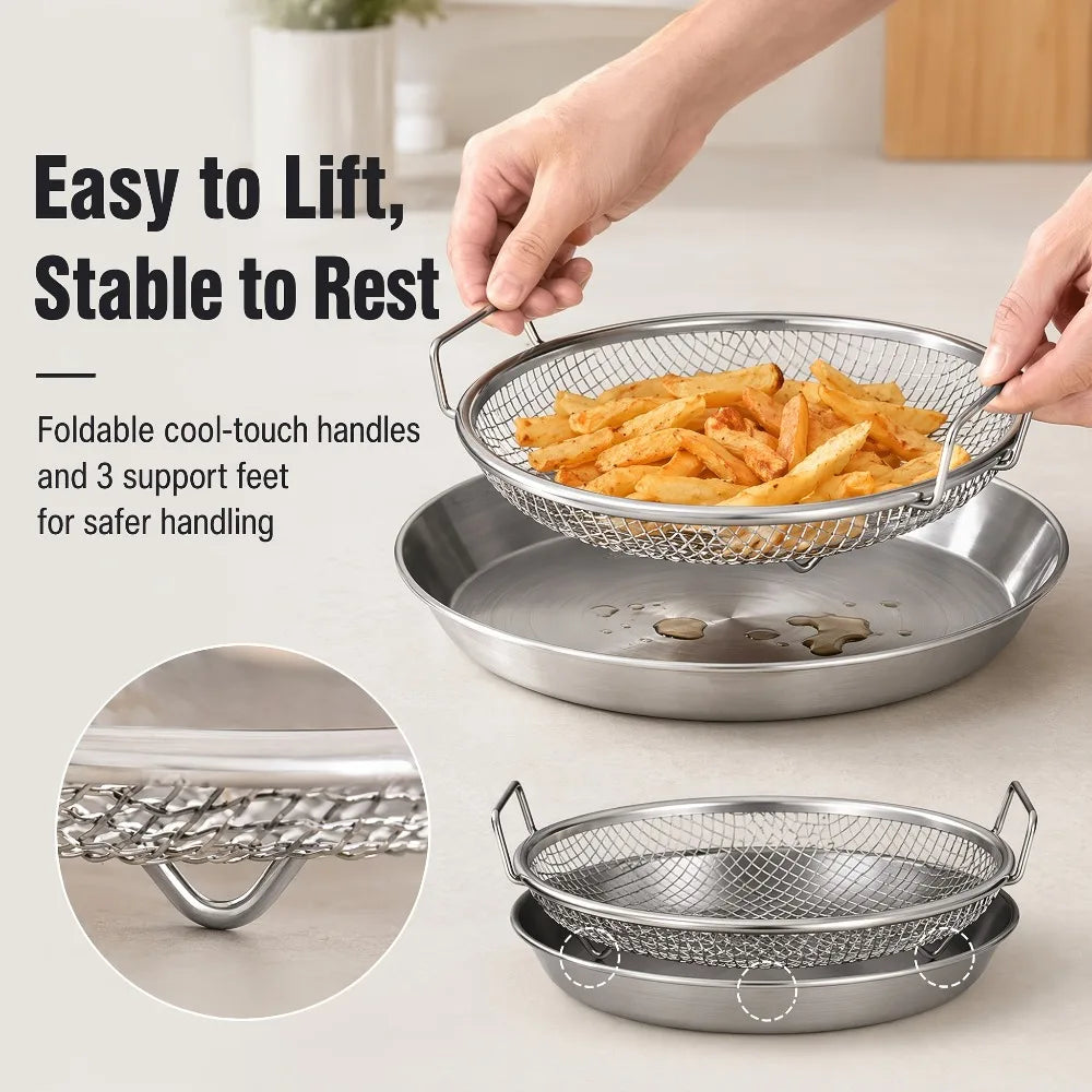 2-Pc Stainless Steel Frying Draining Basket & Tray Set Draining Basket Set Nixie