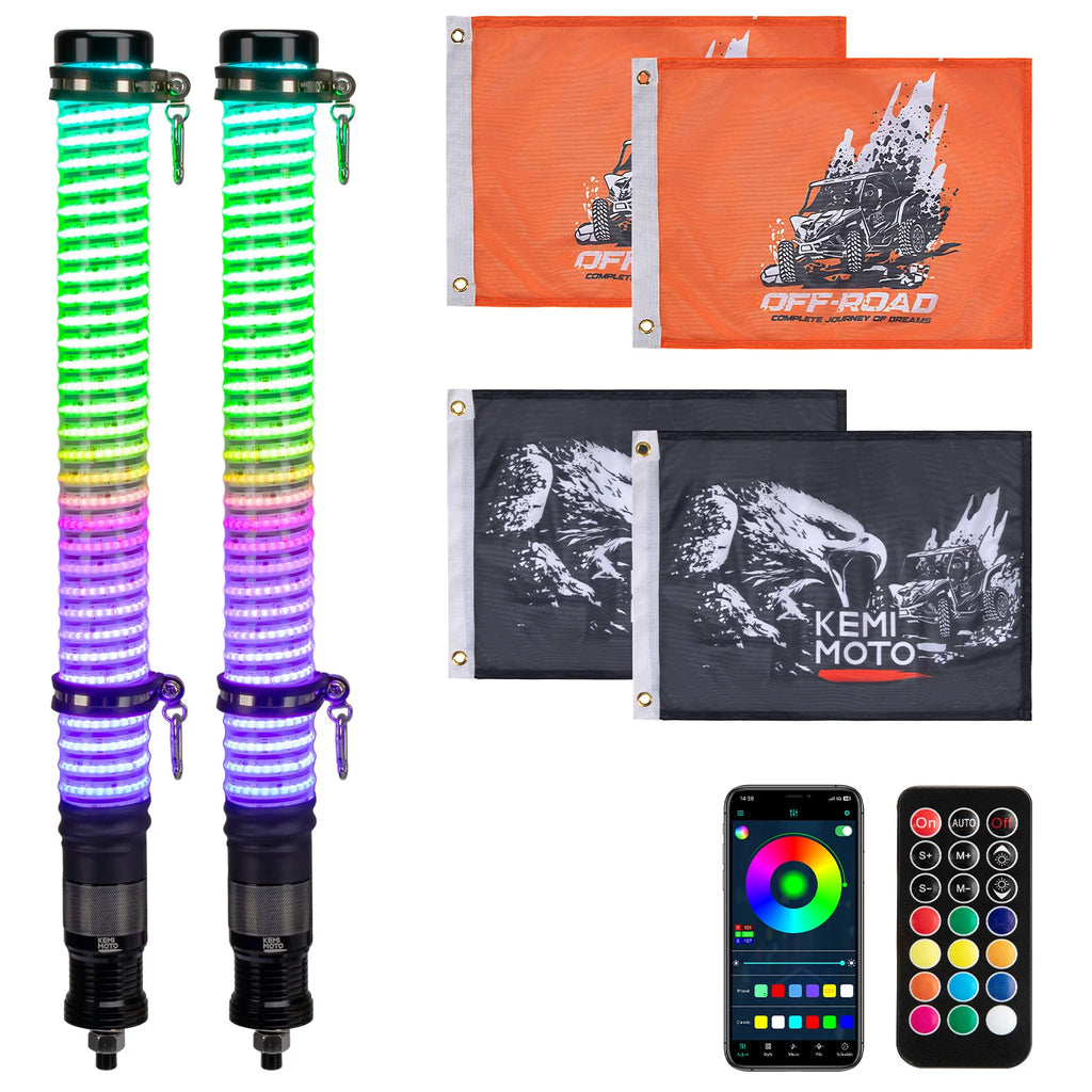 KEMIMOTO RGB COB Fat Whip Lights | UTV ATV Turn Signal IP67 LED Whip Lights Nixie 2FT